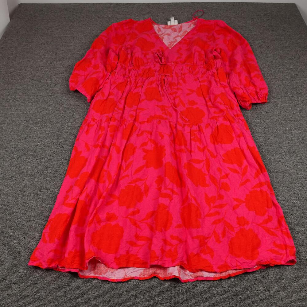 Kate Spade New York Dress Womens 1X Pink Red Floral Linen Fit & Flare Midi